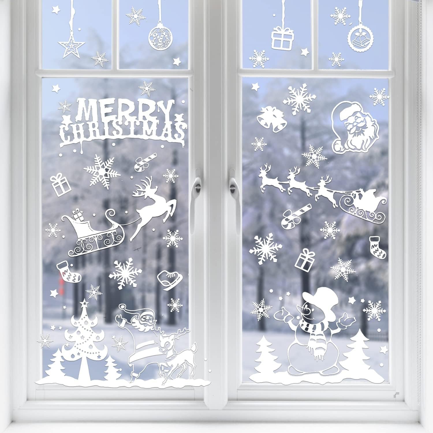 Xmas Window Clings Decoration, 141 Static Snow Flakes Stickers Merry Christmas Window Decals for Christmas Party Supplies (8 Sheets)