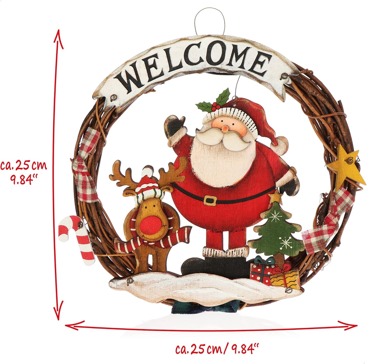 Welcome Christmas Wooden Wreath Braided Decoration To Hang - 25 cm