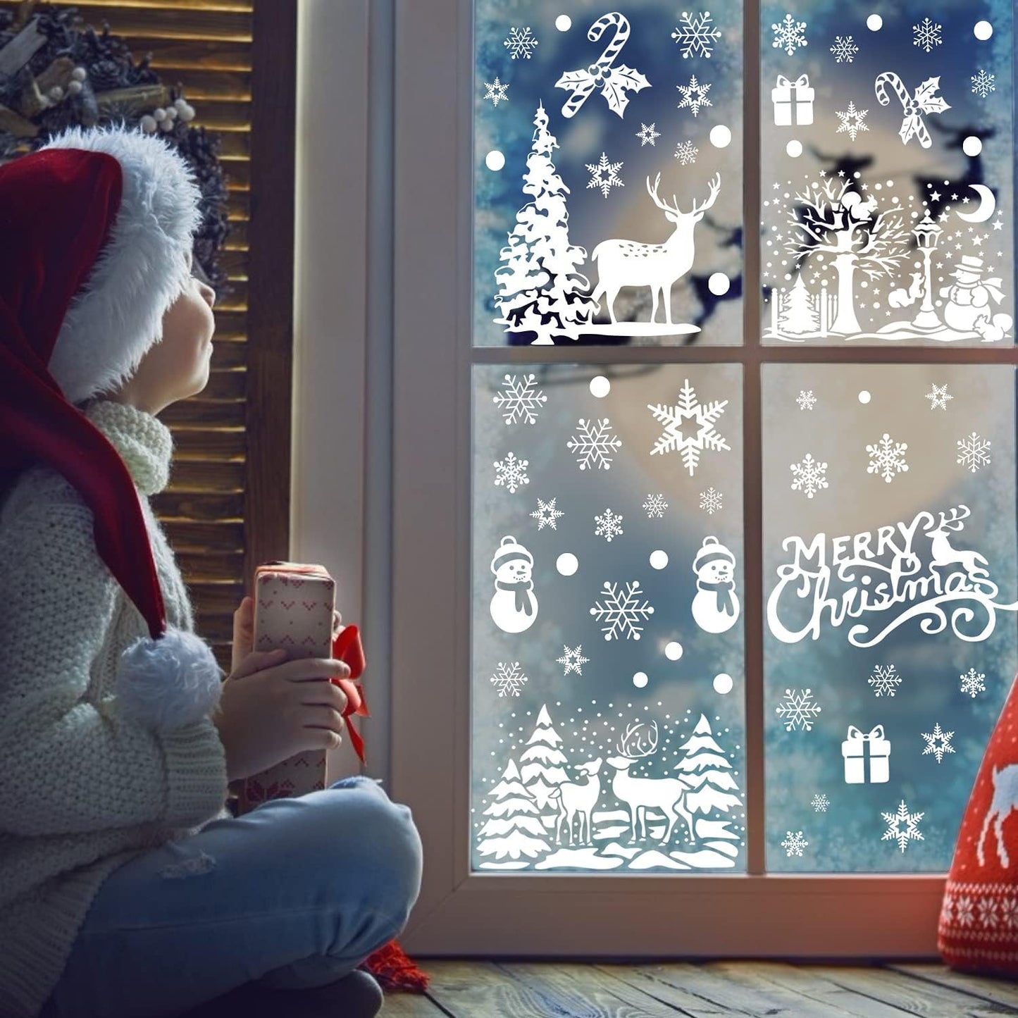 Xmas Window Clings Decoration, 141 Static Snow Flakes Stickers Merry Christmas Window Decals for Christmas Party Supplies (8 Sheets)