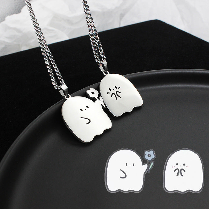 Stainless Steel Cute Ghost Couple Necklace Kawaii Animal Cat Pendant Necklace Lovers Friendship Jewelry Gifts