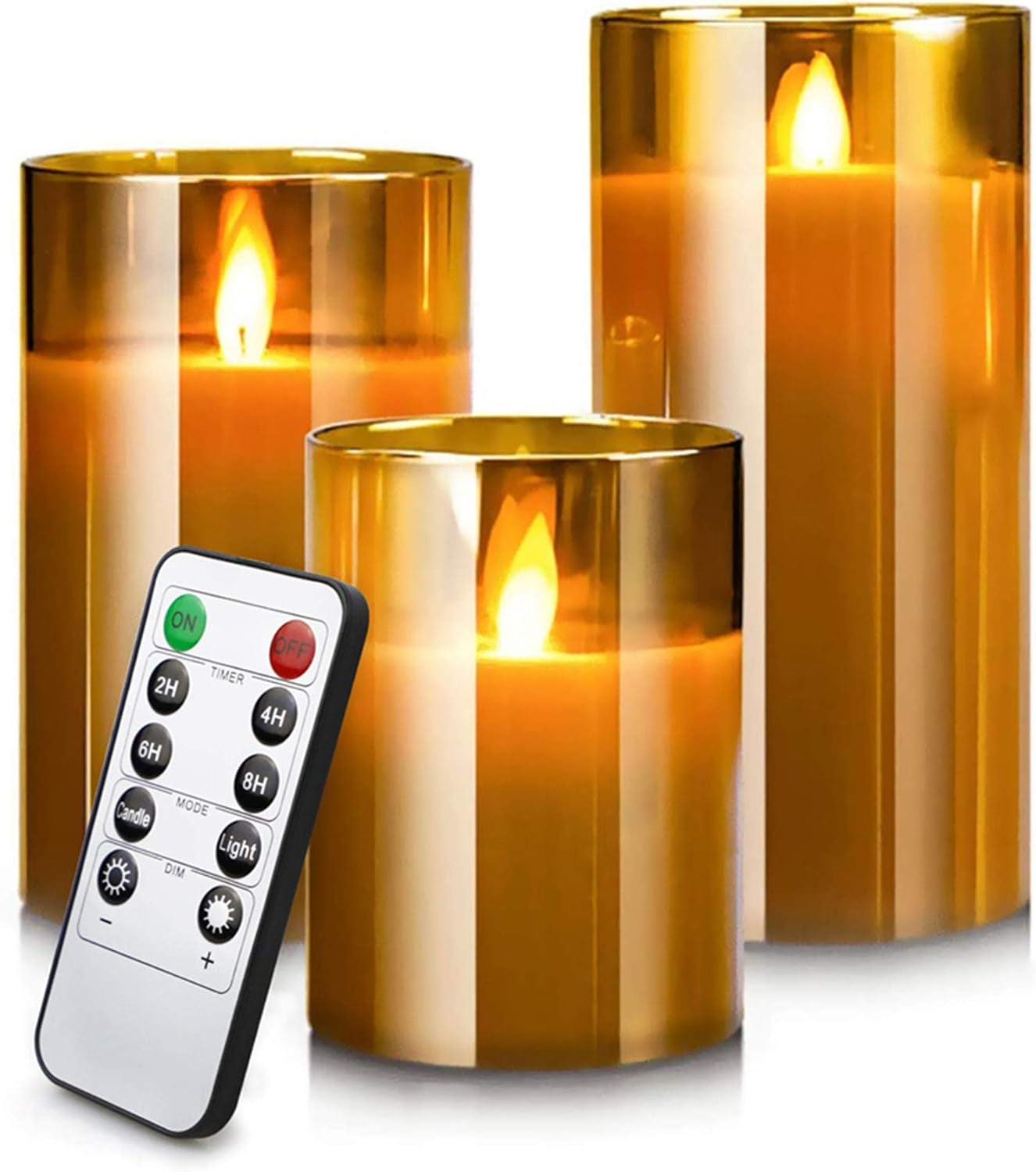 Led Flameless Pillar Real Wax Moving Gold Glass Flame Electric Candle Sets