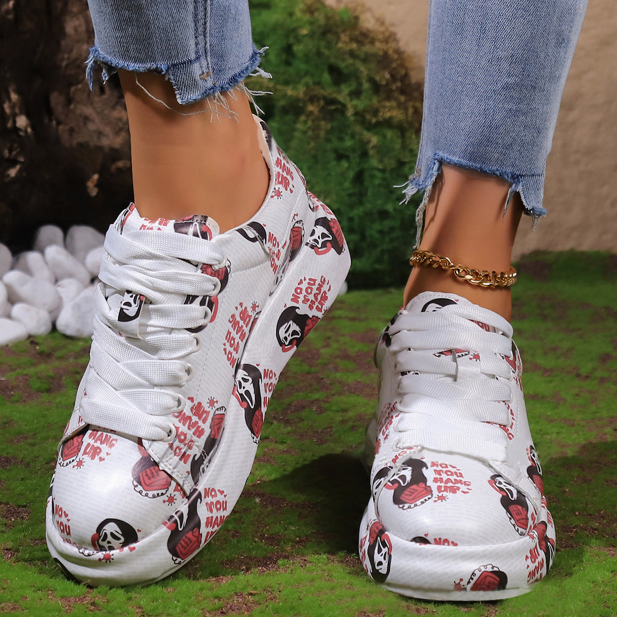 Halloween Cartoon Print Flats Fashion Graffiti Flats Shoes Platform Lace-up Round Toe Sports Shoes