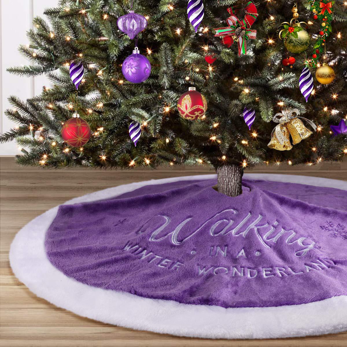 Christmas Tree Purple Coral Velvet Embroidered Letters Snowflake Tree Skirt