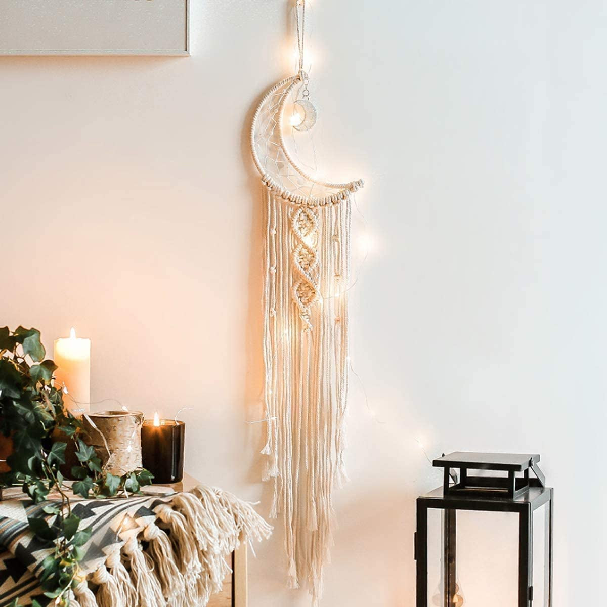 Macrame Wall Hanging LED Light Moon Dream Catcher Woven Home Decor Ornament