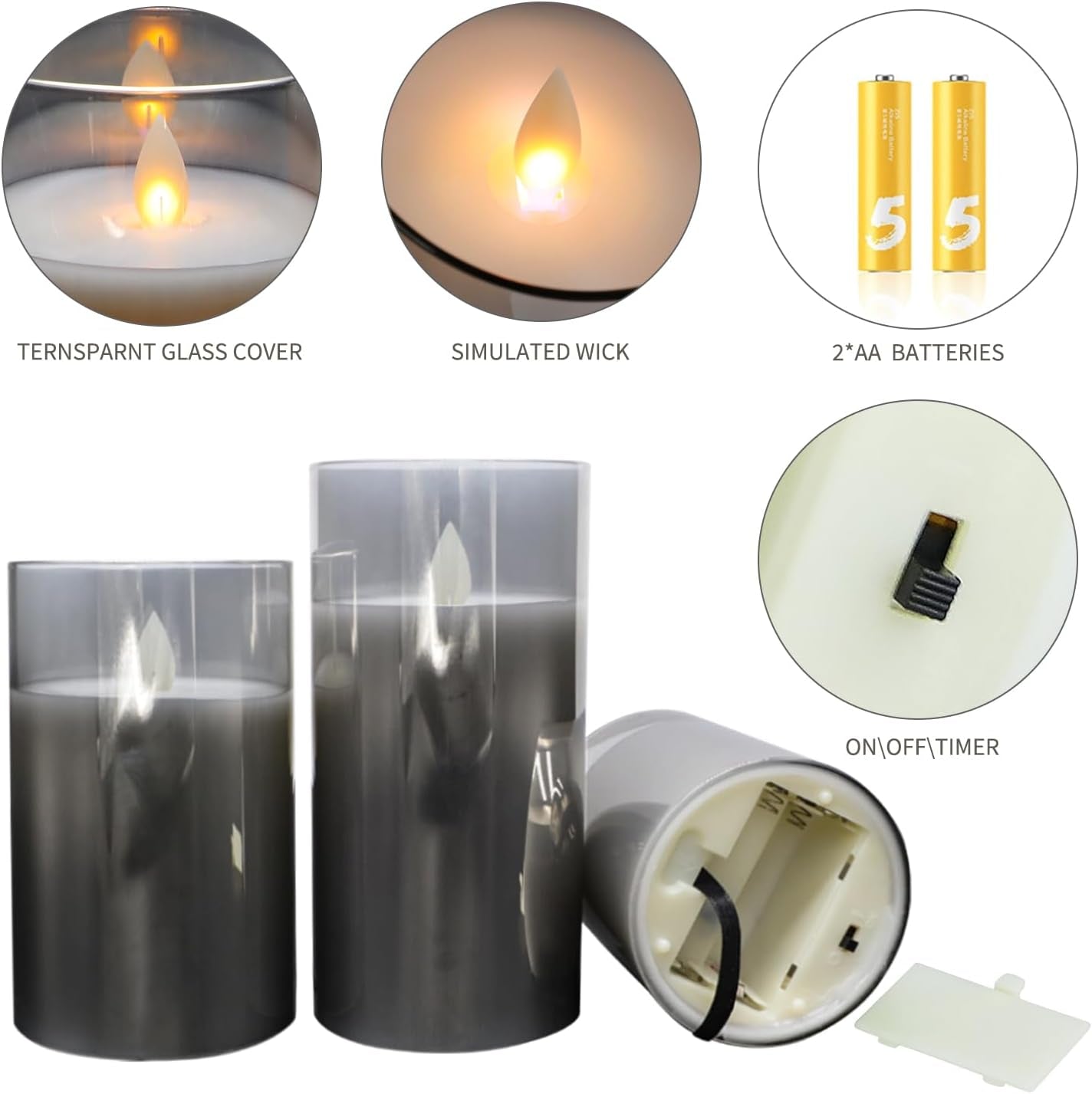 Led Flameless Pillar Real Wax Moving Gold Glass Flame Electric Candle Sets