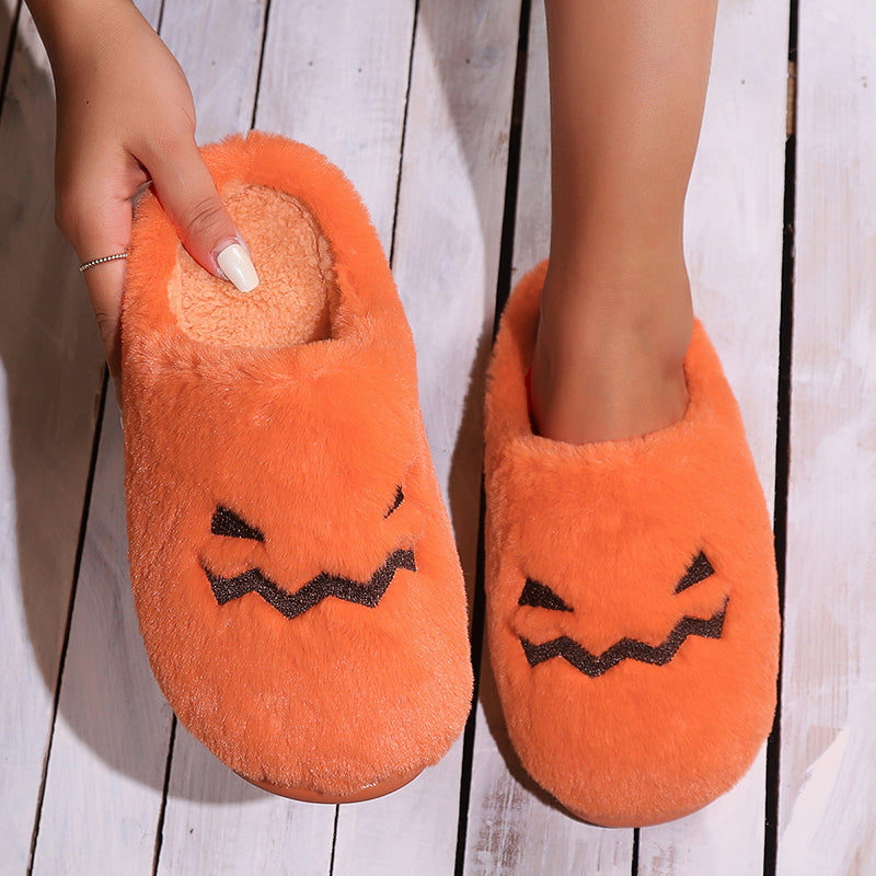 Cute Halloween Pumpkin Slippers Winter Warm Plush Bedroom Floor Home Slippers