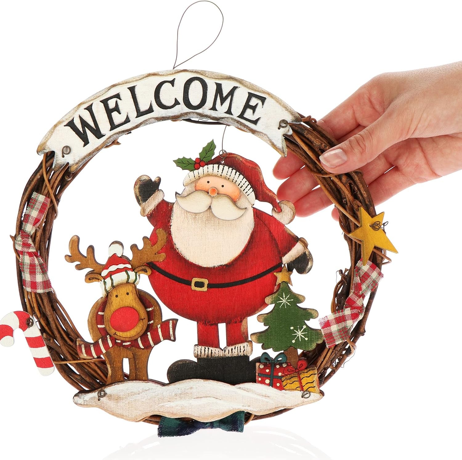 Welcome Christmas Wooden Wreath Braided Decoration To Hang - 25 cm