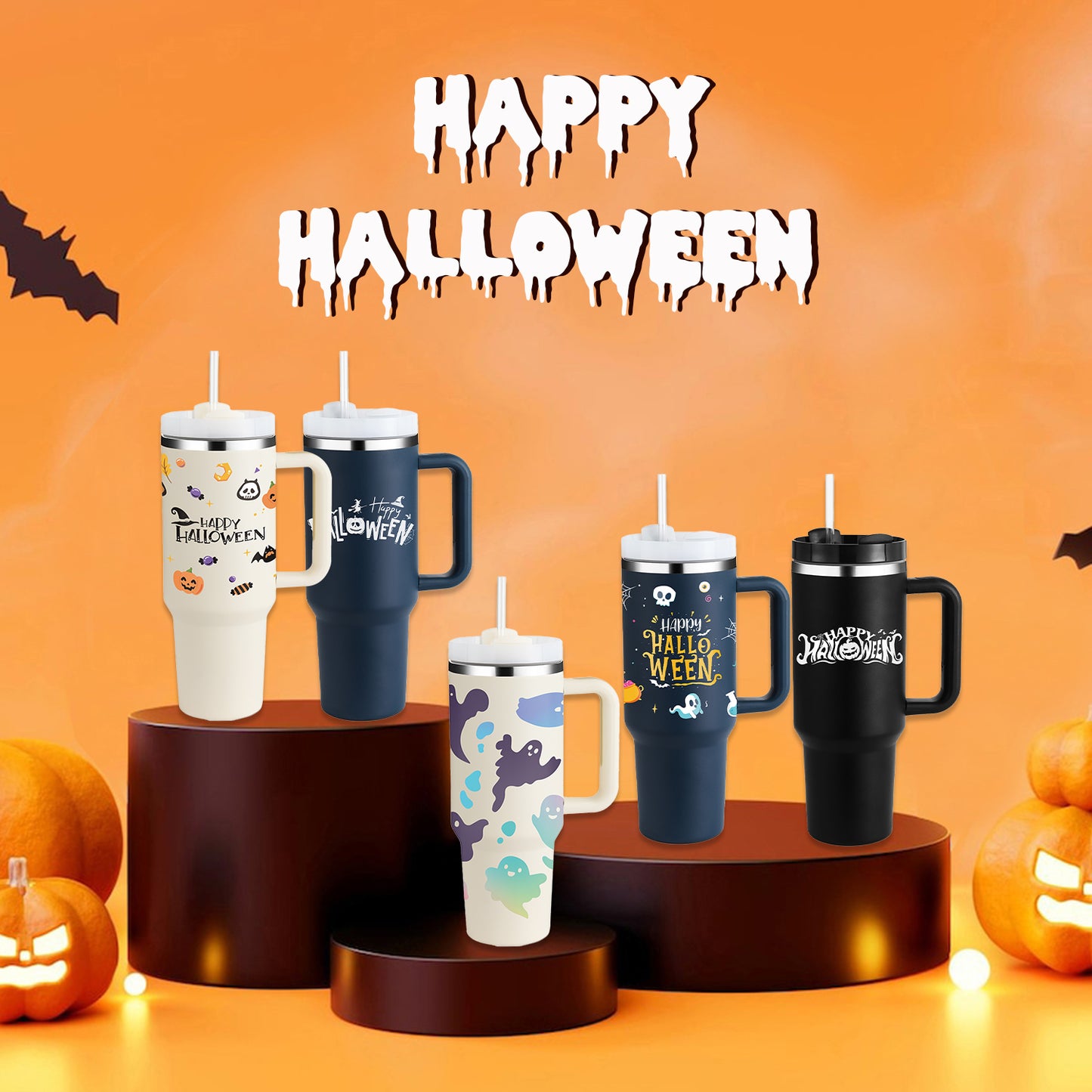 Halloween Thermal Mug 40oz Straw Coffee Insulation Cup With Handle