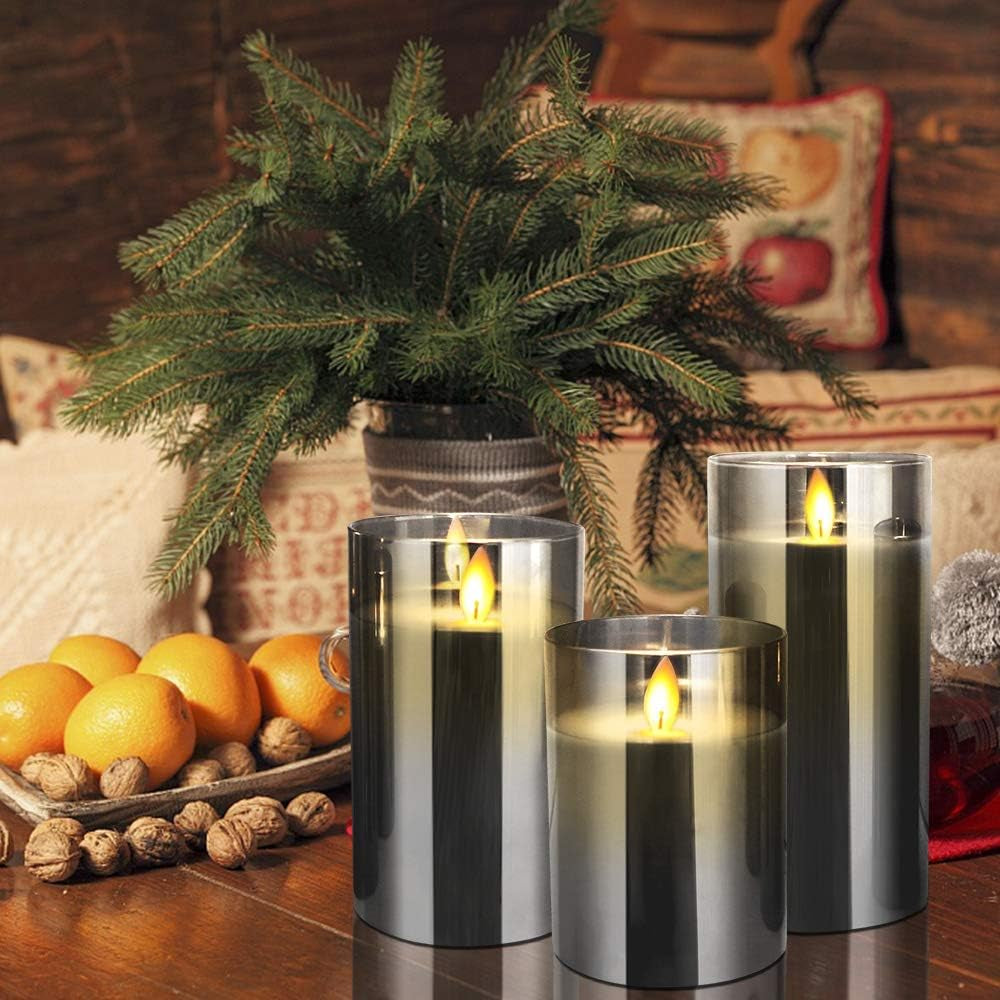 Led Flameless Pillar Real Wax Moving Gold Glass Flame Electric Candle Sets