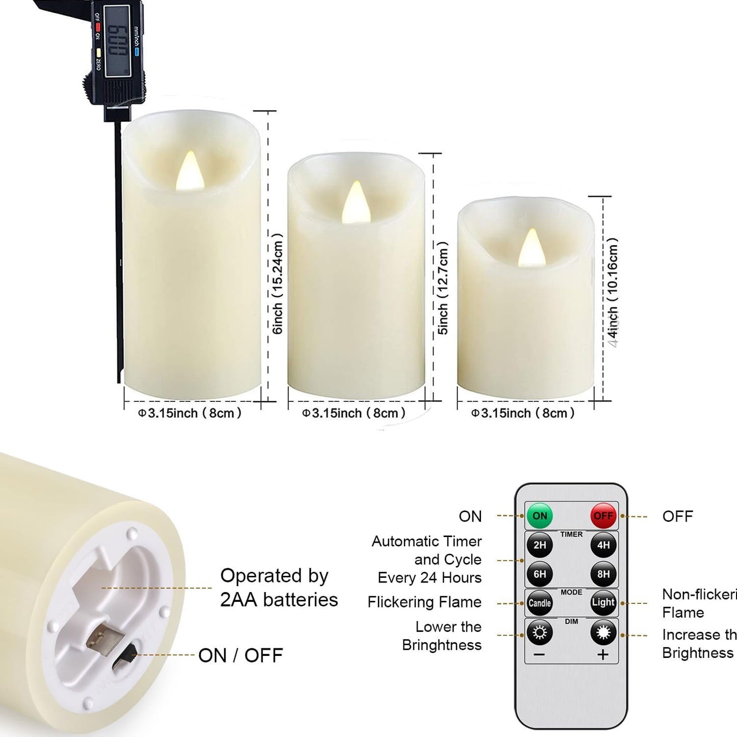 Biyanuo LED Flameless Candles 4" 5" 6" Real Wax Battery Candle Pillars