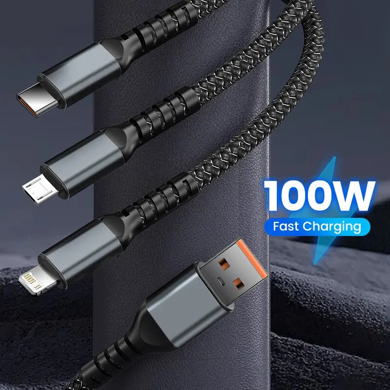 100W 3-in-1 Illuminated Fast Charging and Data Transfer Cable