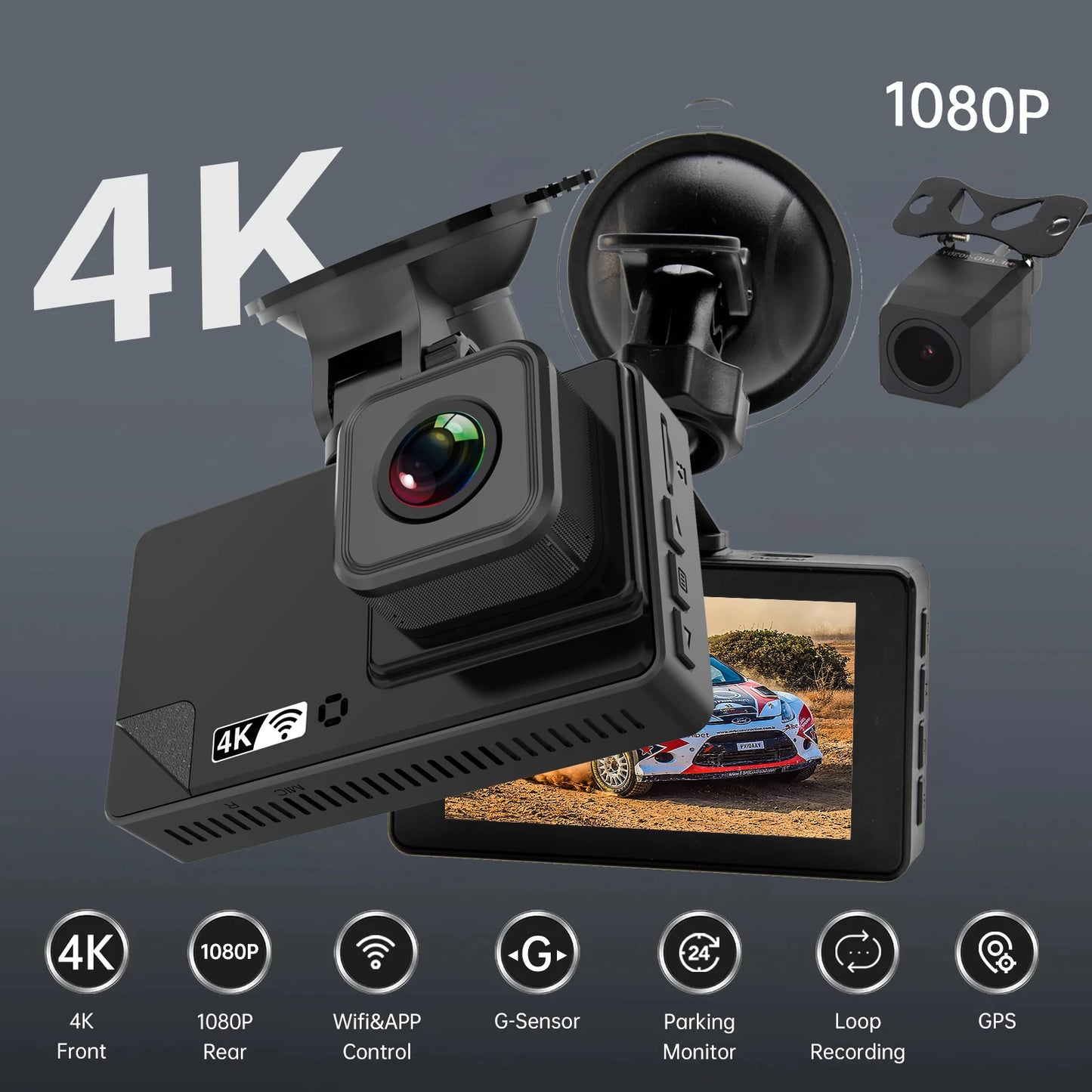 4K Ultra HD Dash Cam Car DVR Dual Camera 4K + 1080P Video Recording