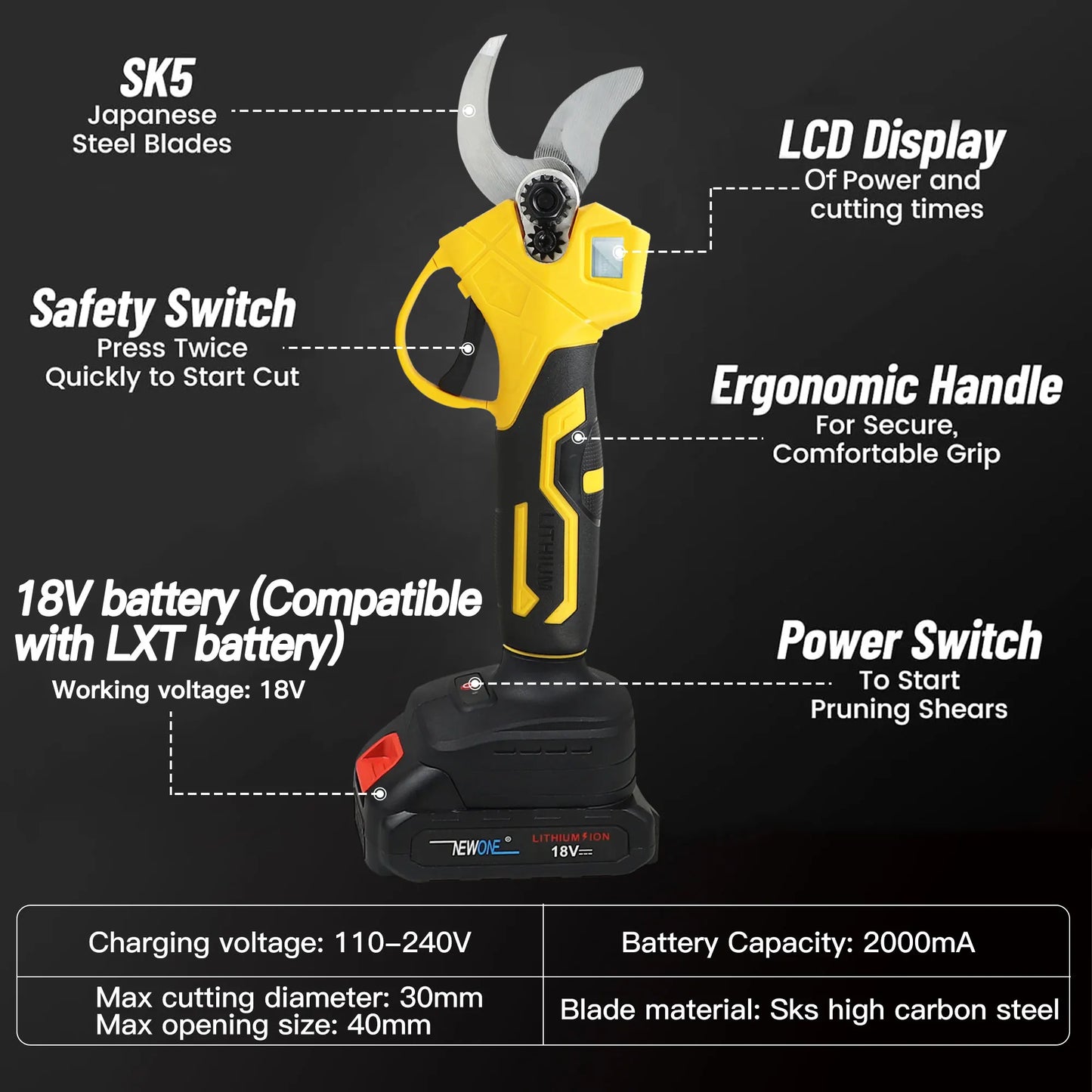 18V Cordless Electric Fruit Pruning Shears with LCD Display