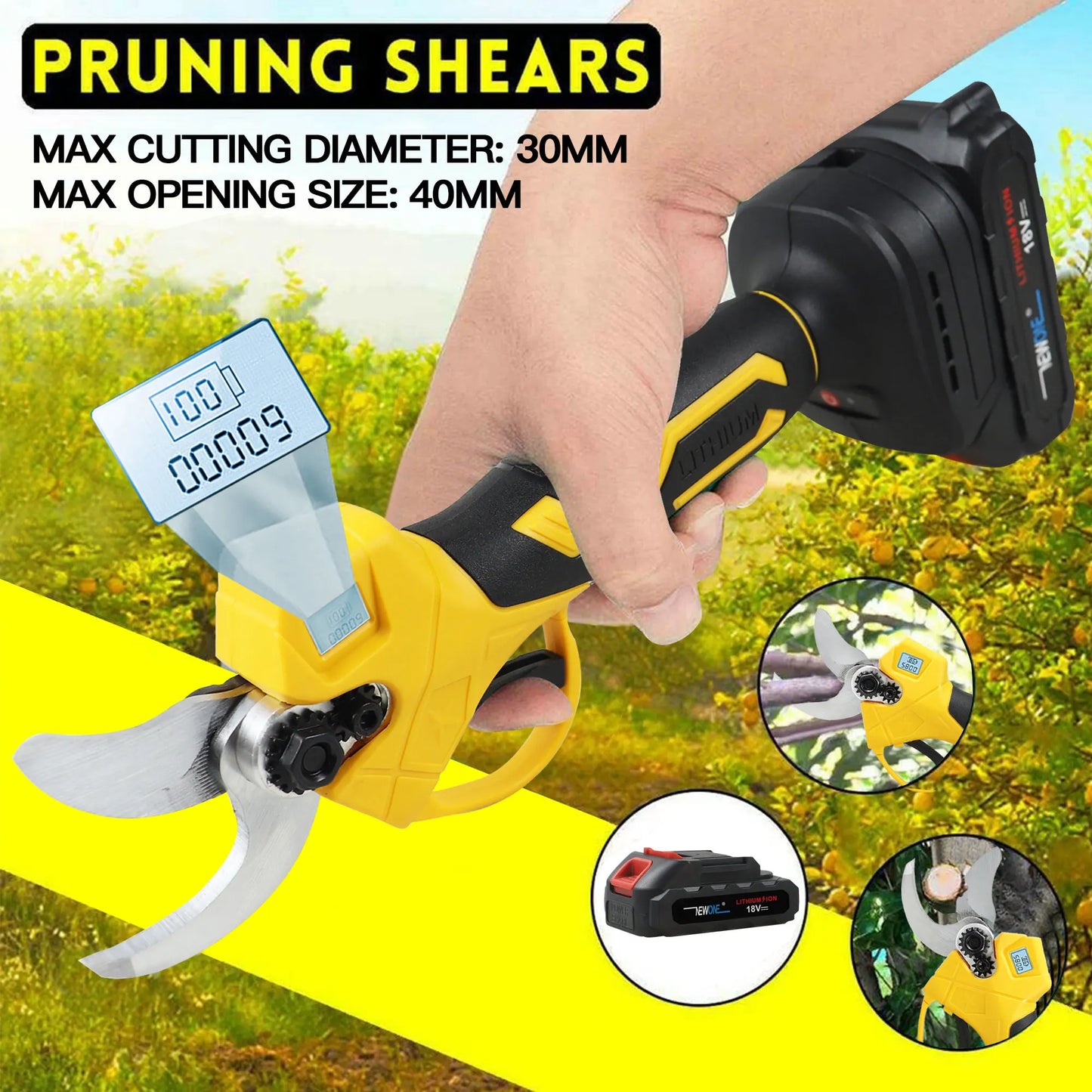 18V Cordless Electric Fruit Pruning Shears with LCD Display