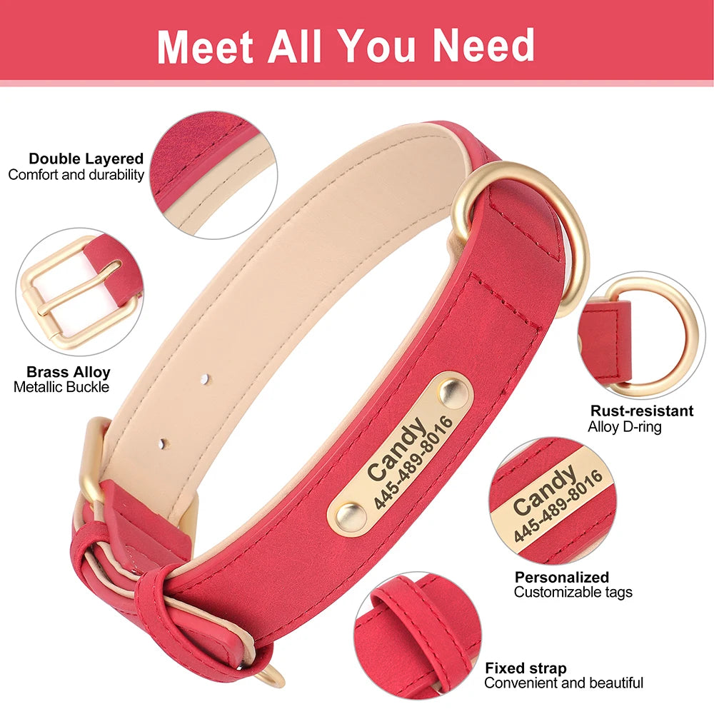 Personalised PU Leather Dog Collar and Leash Set with Custom ID Nameplate