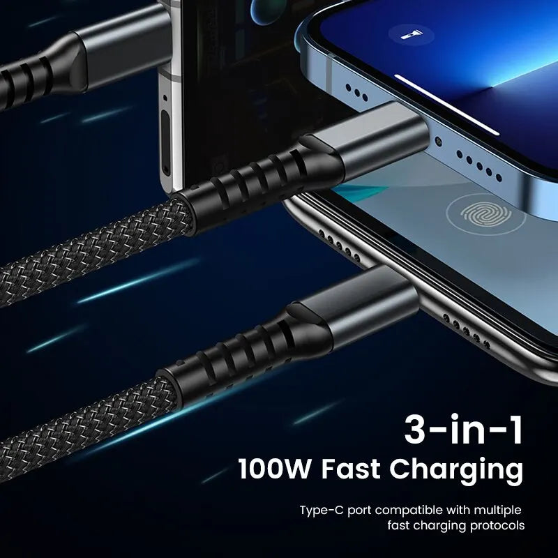 100W 3-in-1 Illuminated Fast Charging and Data Transfer Cable