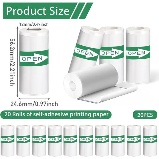 20-Pack Mini Thermal Self-Adhesive Printer Paper Rolls (5.7cm x 2.5cm)