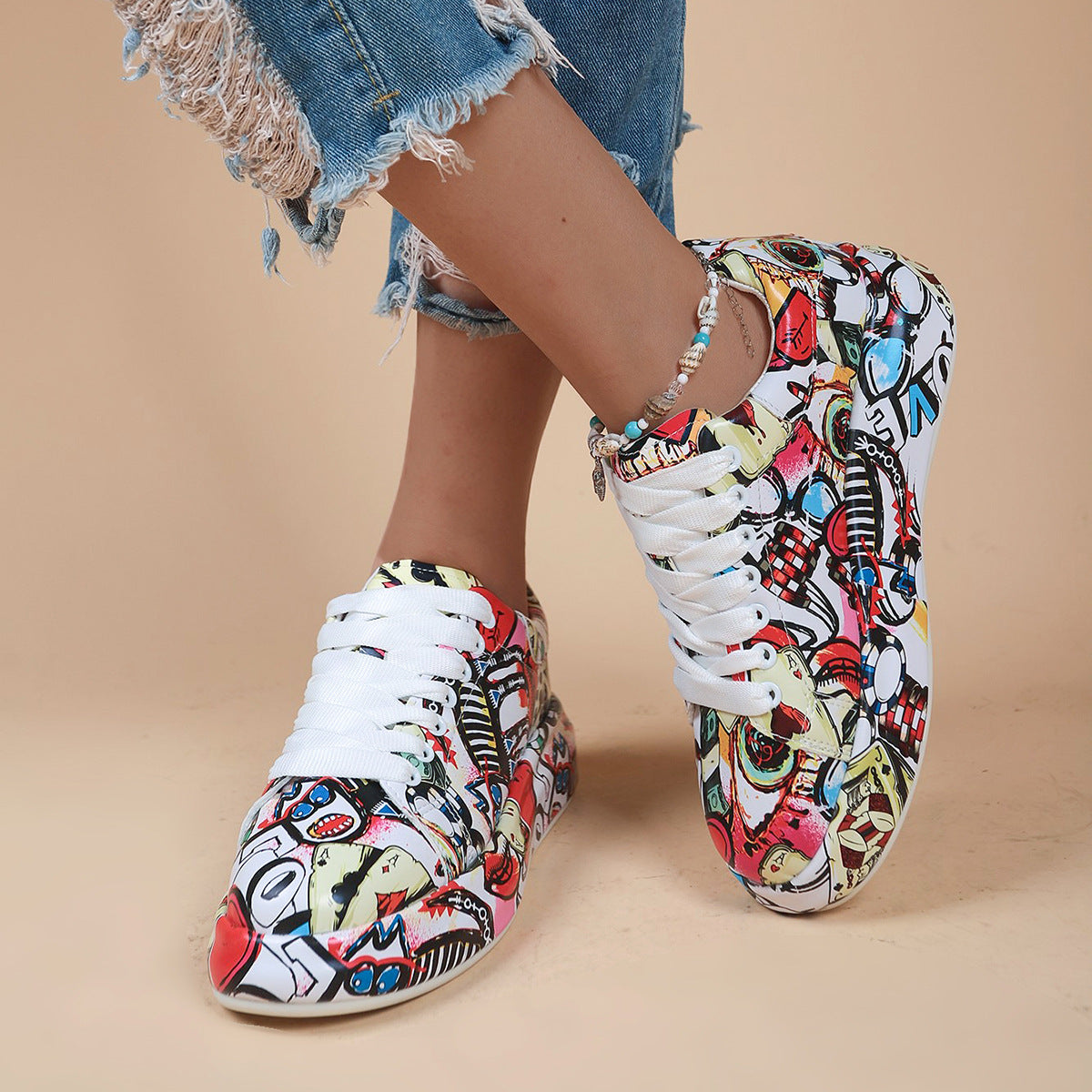 Halloween Cartoon Print Flats Fashion Graffiti Flats Shoes Platform Lace-up Round Toe Sports Shoes