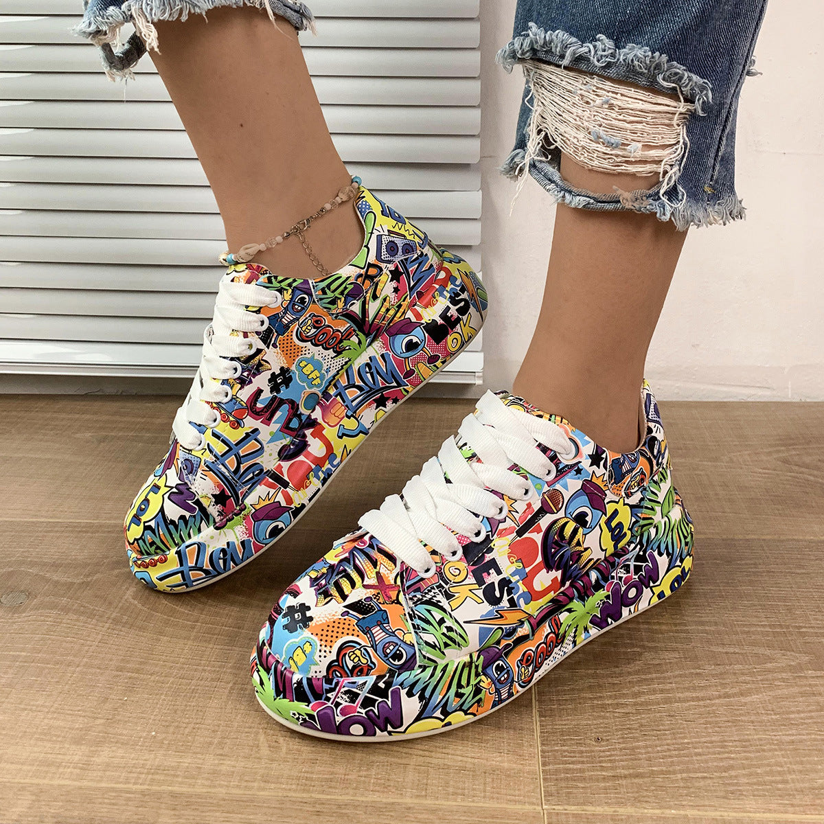 Halloween Cartoon Print Flats Fashion Graffiti Flats Shoes Platform Lace-up Round Toe Sports Shoes