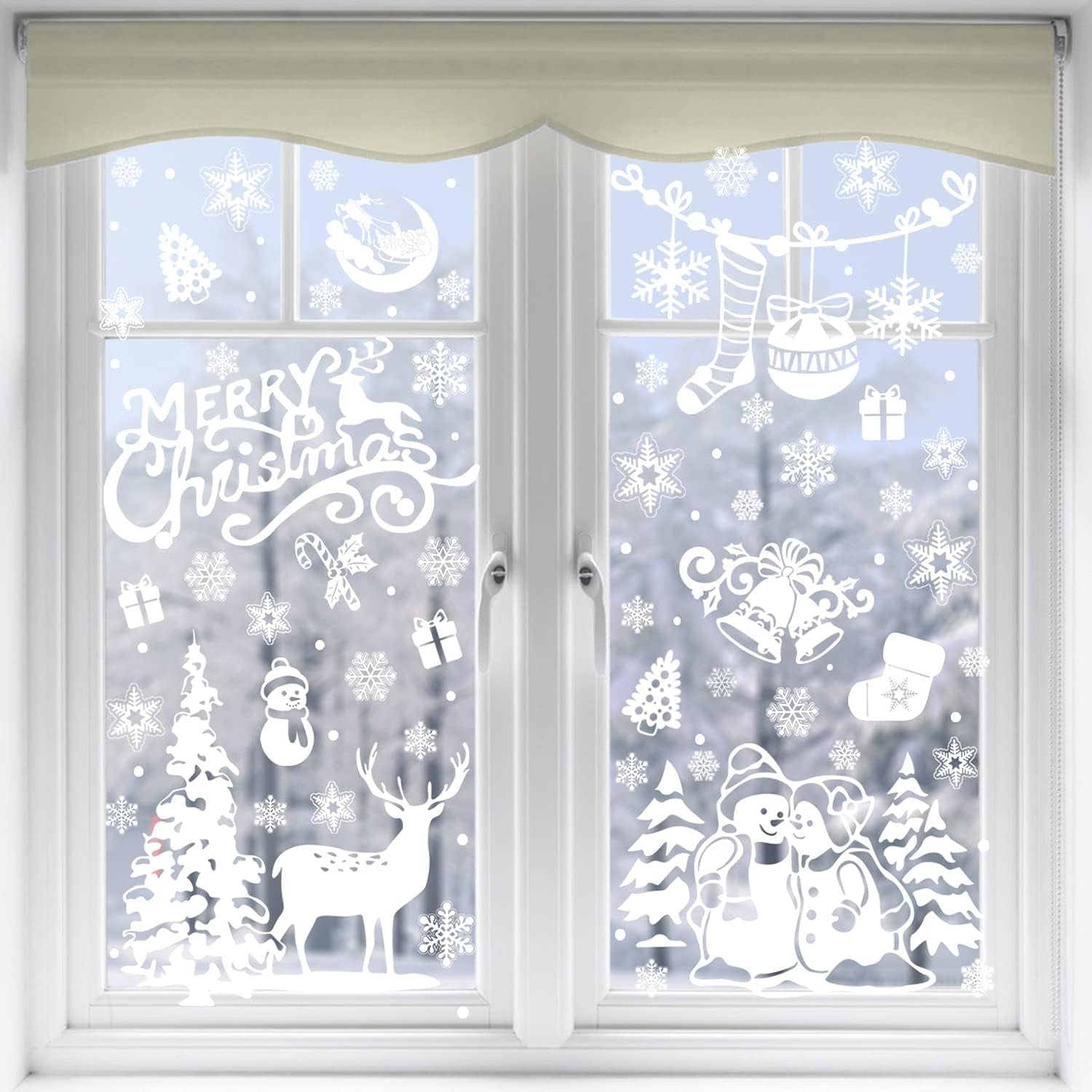 Xmas Window Clings Decoration, 141 Static Snow Flakes Stickers Merry Christmas Window Decals for Christmas Party Supplies (8 Sheets)