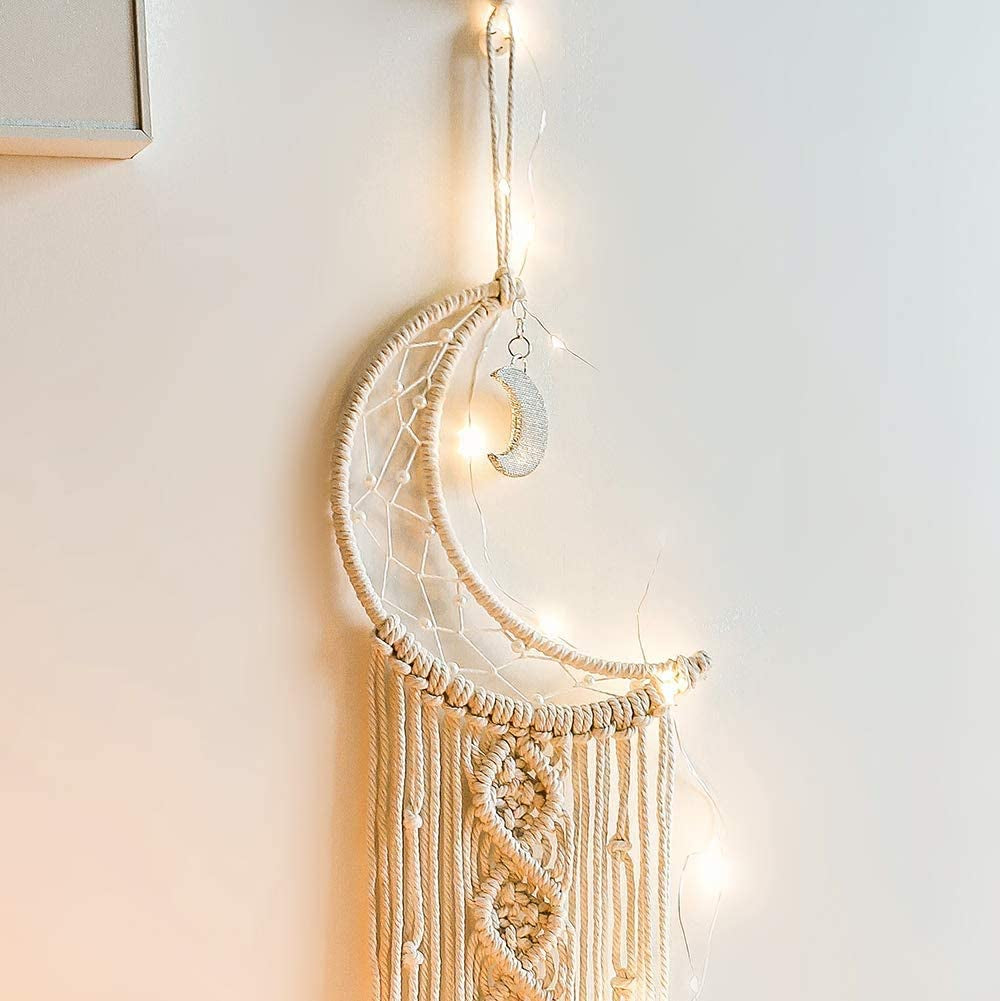 Macrame Wall Hanging LED Light Moon Dream Catcher Woven Home Decor Ornament