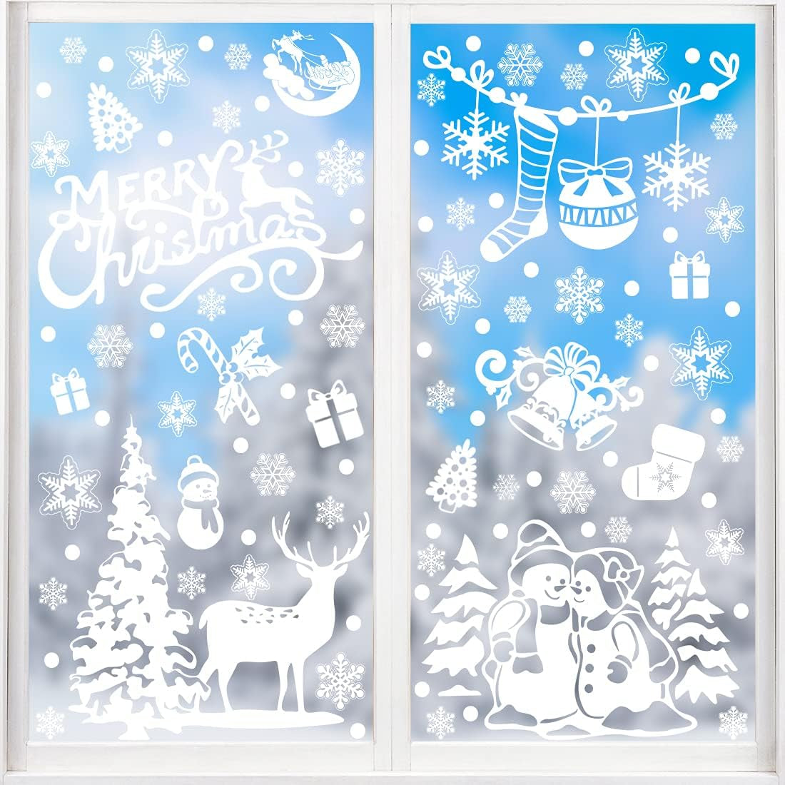 Xmas Window Clings Decoration, 141 Static Snow Flakes Stickers Merry Christmas Window Decals for Christmas Party Supplies (8 Sheets)