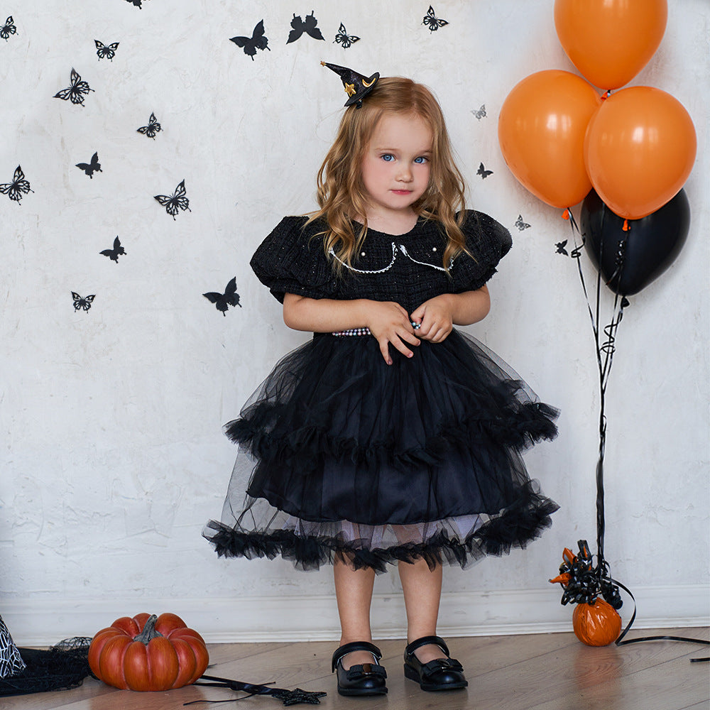 Girls' Fashion Halloween Mesh Stitching Puff Sleeve Dress