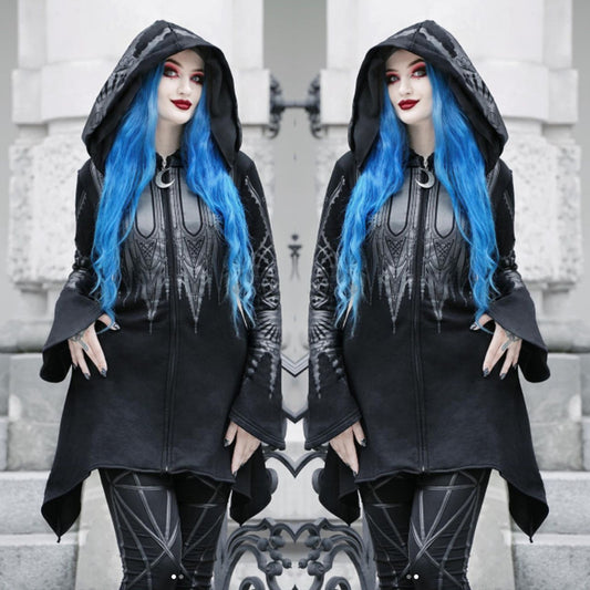 Halloween Cosplay Hoodie Women's Punk Black Long Hooded Printed Sweater