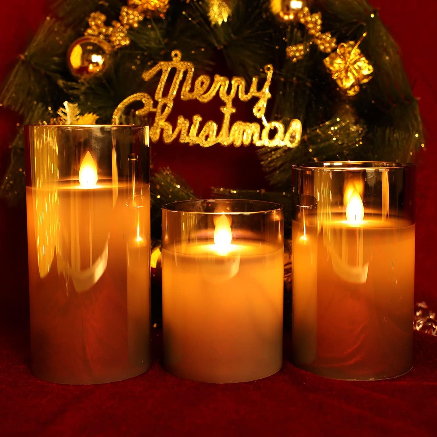 Led Flameless Pillar Real Wax Moving Gold Glass Flame Electric Candle Sets