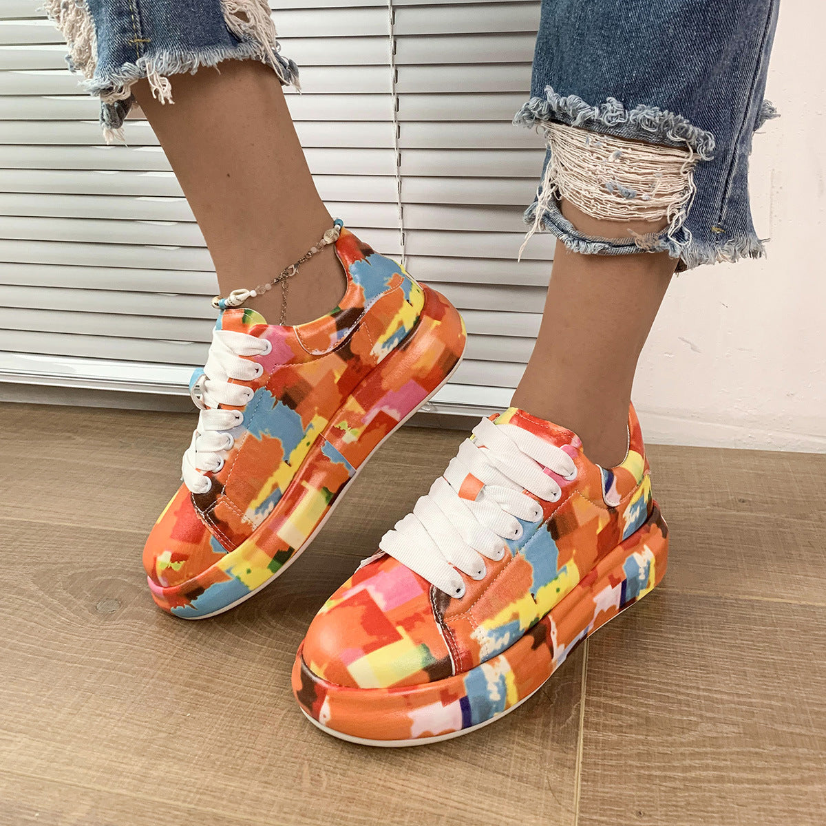 Halloween Cartoon Print Flats Fashion Graffiti Flats Shoes Platform Lace-up Round Toe Sports Shoes