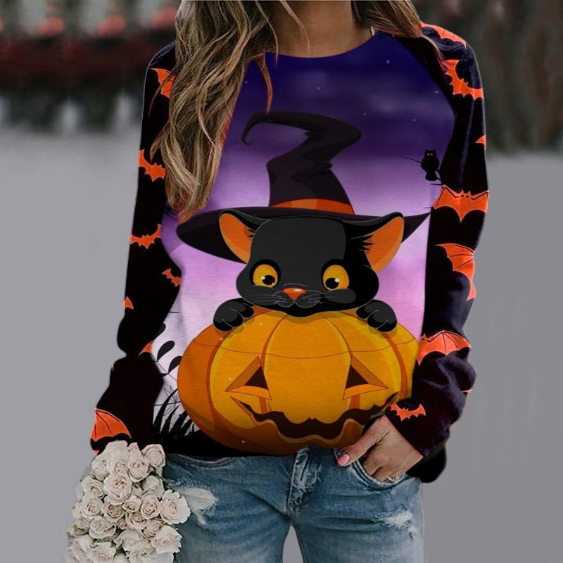 Halloween Cartoon Print Sweatshirt Long Sleeve Pullover Tops Women