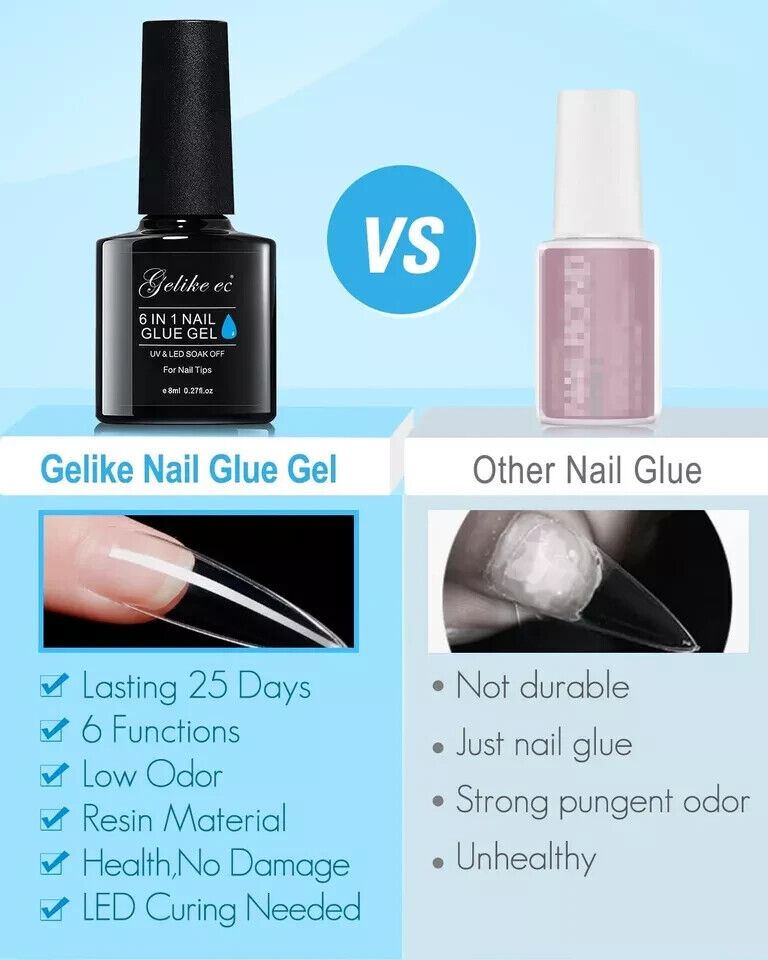 Gelike 3 in 1 Nail Glue Gel for Acrylic Nails Long Lasting, Curing Needed UV For