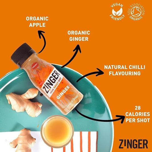 Zinger Ginger Shot (Pack of 15 X 70Ml). Organic Plant Based Shot with 18.4G